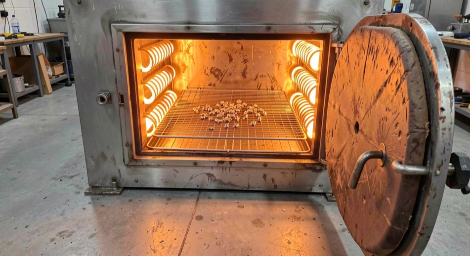 Metal parts on a wire tray inside an industrial heat treatment oven