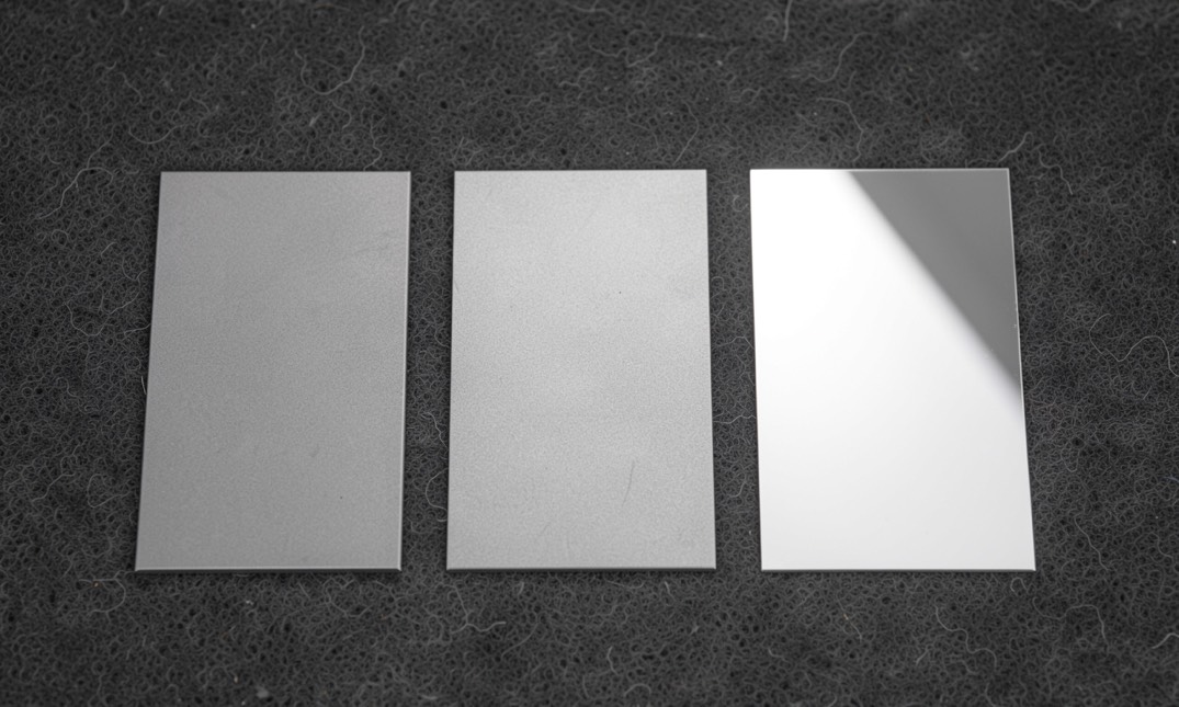 Three plated steel coupons side by side, matte, semi-bright and bright