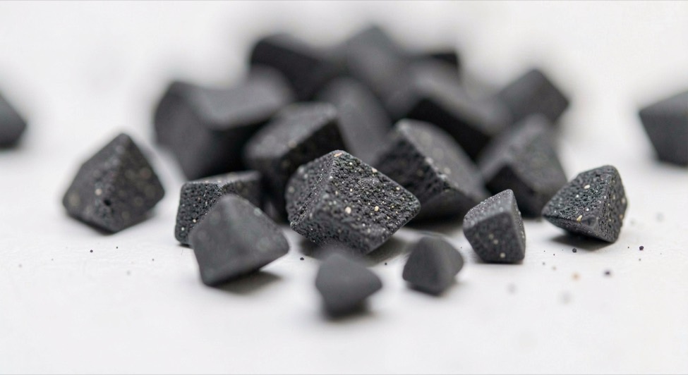 Close view of dark angular silicon carbide grains on a white surface