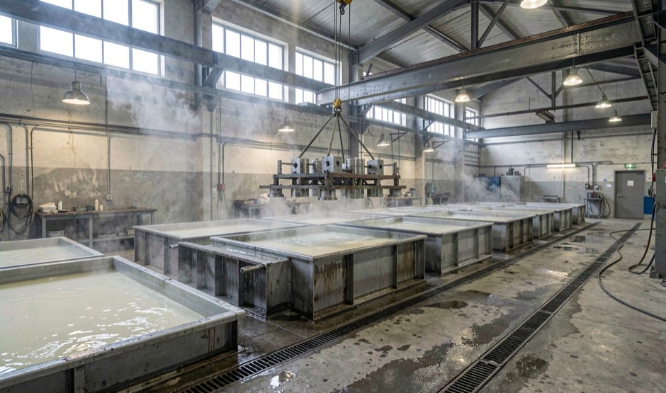 Steel components hanging on a plating rack above an open process tank in a metal finishing shop